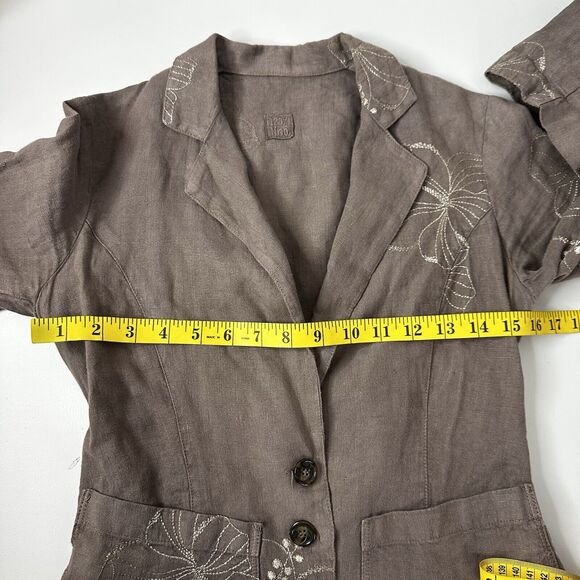 120% Lino Blazer Womens Medium 40 Brown Tan Embroidred Sport Jacket Linen - Picture 9 of 12